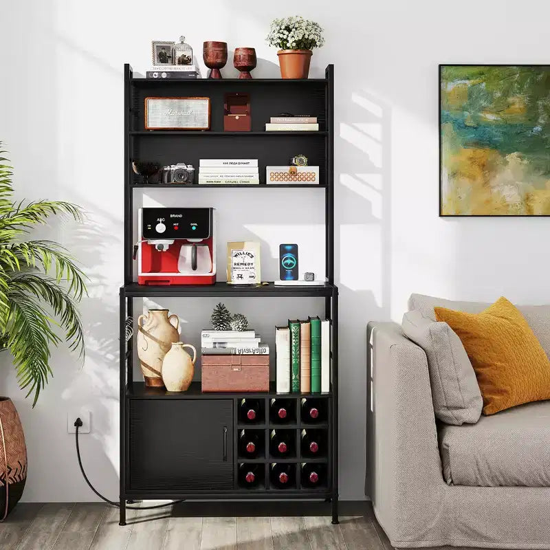 Meuble de rangement de cuisine Costway 67 avec prises électriques, meuble de bar à café avec crochets en S