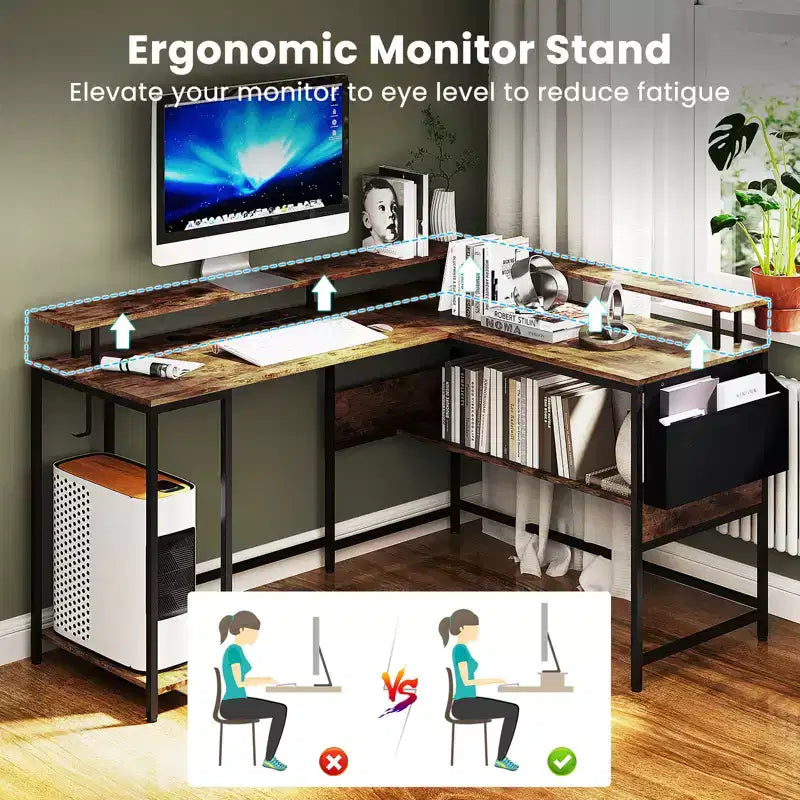Bureau de jeu en L Costway avec lumières LED, prises électriques, support d'écran et pochette en tissu