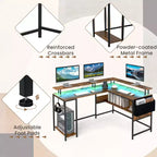 Bureau de jeu en L Costway avec lumières LED, prises électriques, support d'écran et pochette en tissu