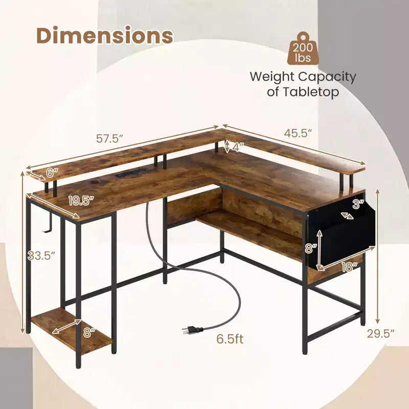 Bureau de jeu en L Costway avec lumières LED, prises électriques, support d'écran et pochette en tissu