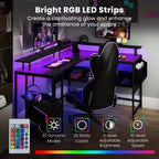 Bureau de jeu en L Costway avec lumières LED, prises électriques, support d'écran et pochette en tissu