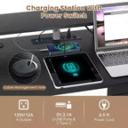 Bureau de jeu en L Costway avec lumières LED, prises électriques, support d'écran et pochette en tissu