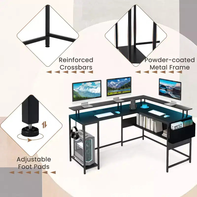 Bureau de jeu en L Costway avec lumières LED, prises électriques, support d'écran et pochette en tissu