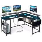 Costway L-Shaped Gaming Desk w/ LED Lights & Power Outlets Monitor Stand Fabric Bag