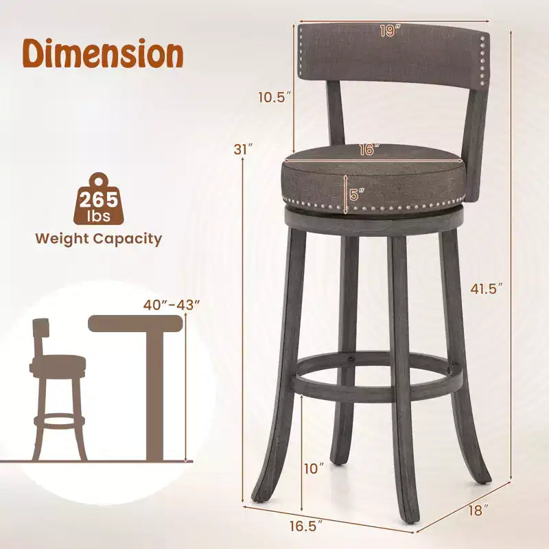 Costway Lot de 2 chaises de bar avec siège pivotant à 360°, dossier et assise rembourrée