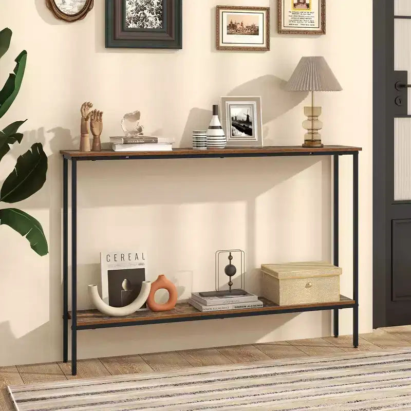 Costway Table console étroite 44 po avec étagère et deux dispositifs anti-basculement marron et noir