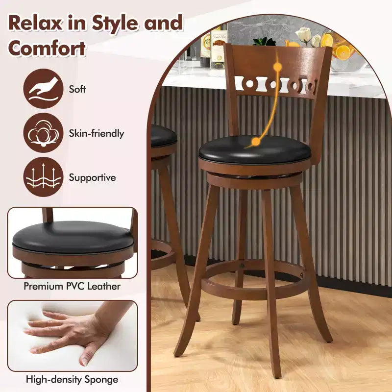 Lot de 4 Chaises de Bar Pivotantes Hauteur 77,5 cm Costway avec Structure en Bois d'Hévéa