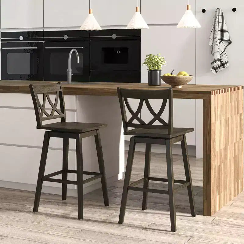 Costway Lot de 2 tabourets de bar de 73,6 cm avec cadre en bois d'hévéa, siège pivotant et dossier ergonomique