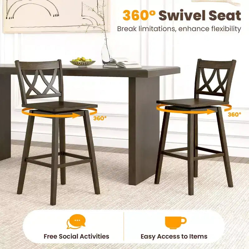 Costway Lot de 2 tabourets de bar de 73,6 cm avec cadre en bois d'hévéa, siège pivotant et dossier ergonomique