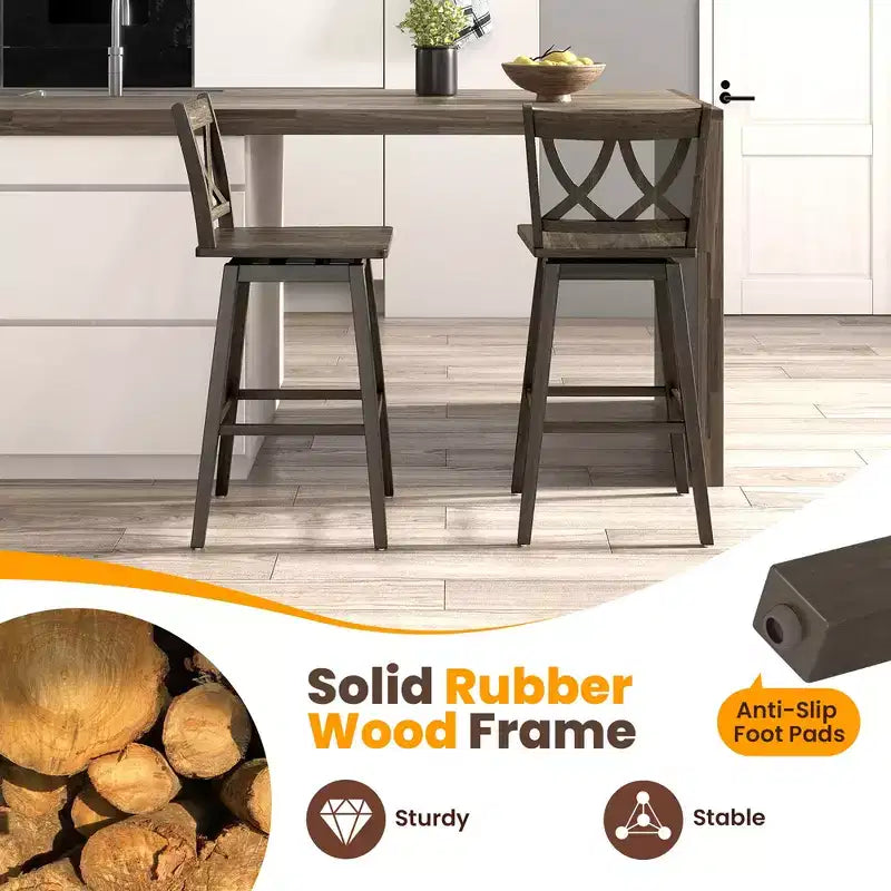 Costway Lot de 2 tabourets de bar de 73,6 cm avec cadre en bois d'hévéa, siège pivotant et dossier ergonomique