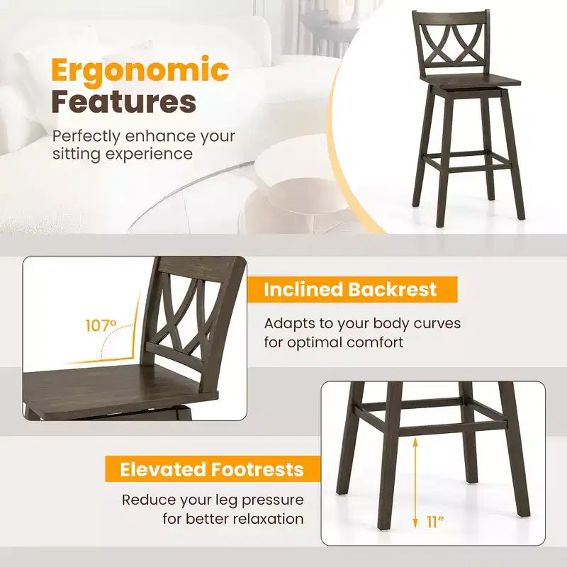 Costway Lot de 2 tabourets de bar de 73,6 cm avec cadre en bois d'hévéa, siège pivotant et dossier ergonomique
