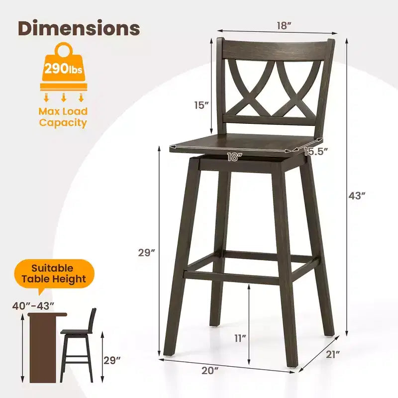Costway Lot de 2 tabourets de bar de 73,6 cm avec cadre en bois d'hévéa, siège pivotant et dossier ergonomique