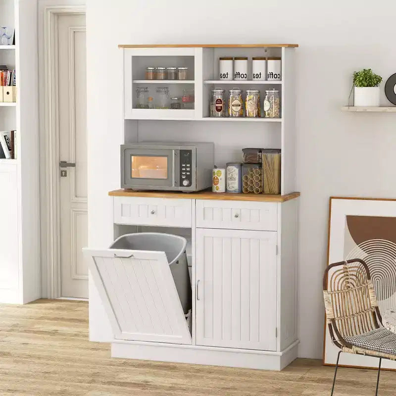 Meuble de Cuisine Costway Double Poubelle Inclinable avec Huche, Armoire de Rangement Blanc