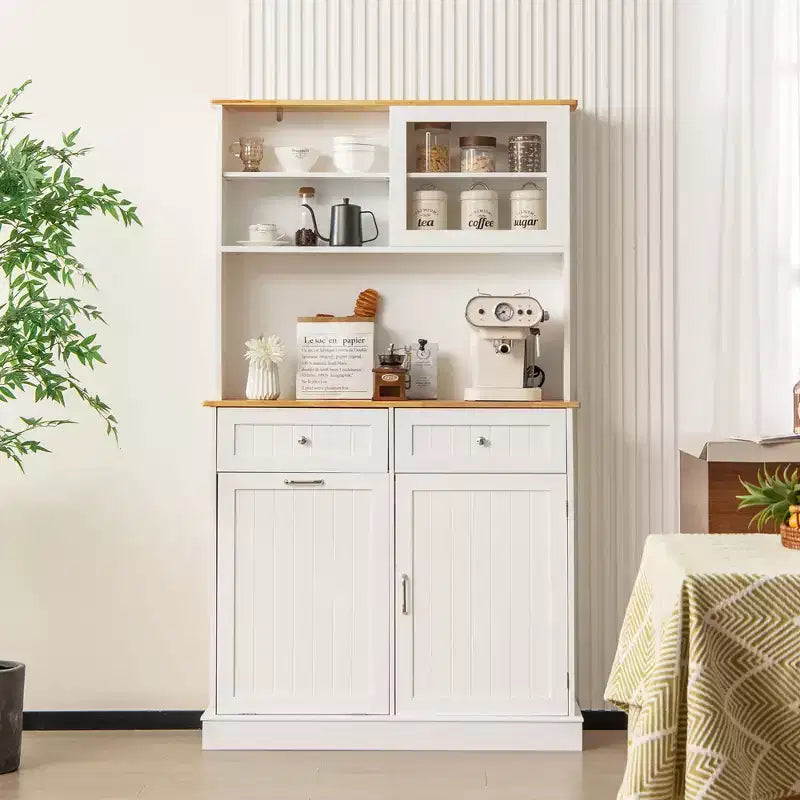 Meuble de Cuisine Costway Double Poubelle Inclinable avec Huche, Armoire de Rangement Blanc