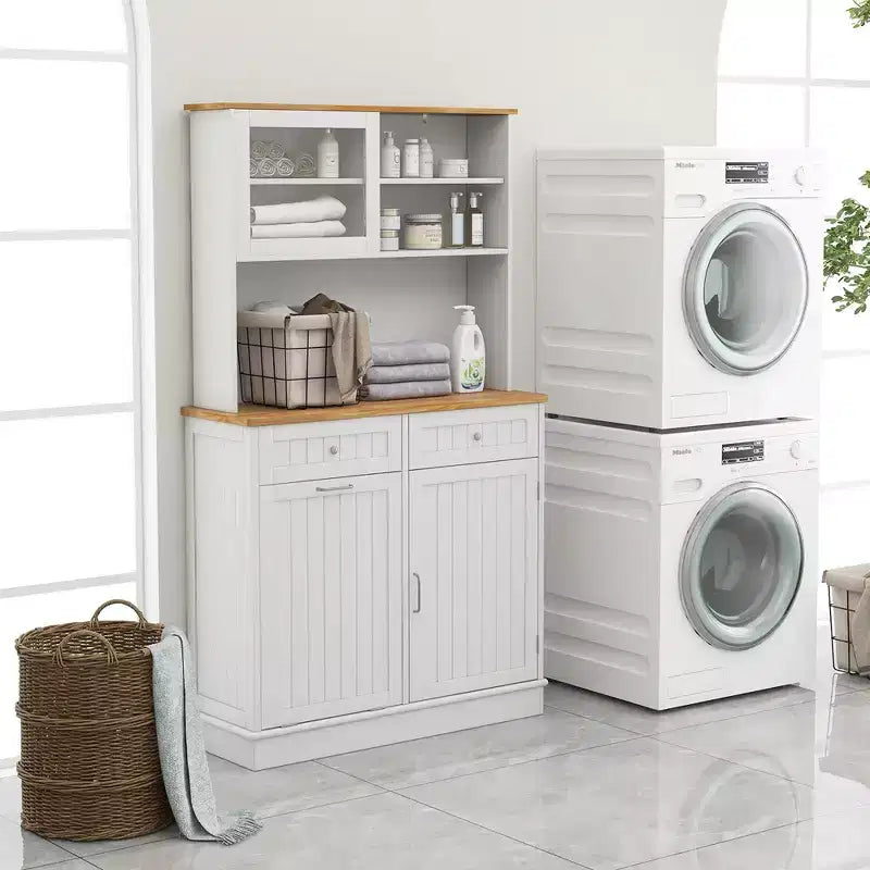Meuble de Cuisine Costway Double Poubelle Inclinable avec Huche, Armoire de Rangement Blanc