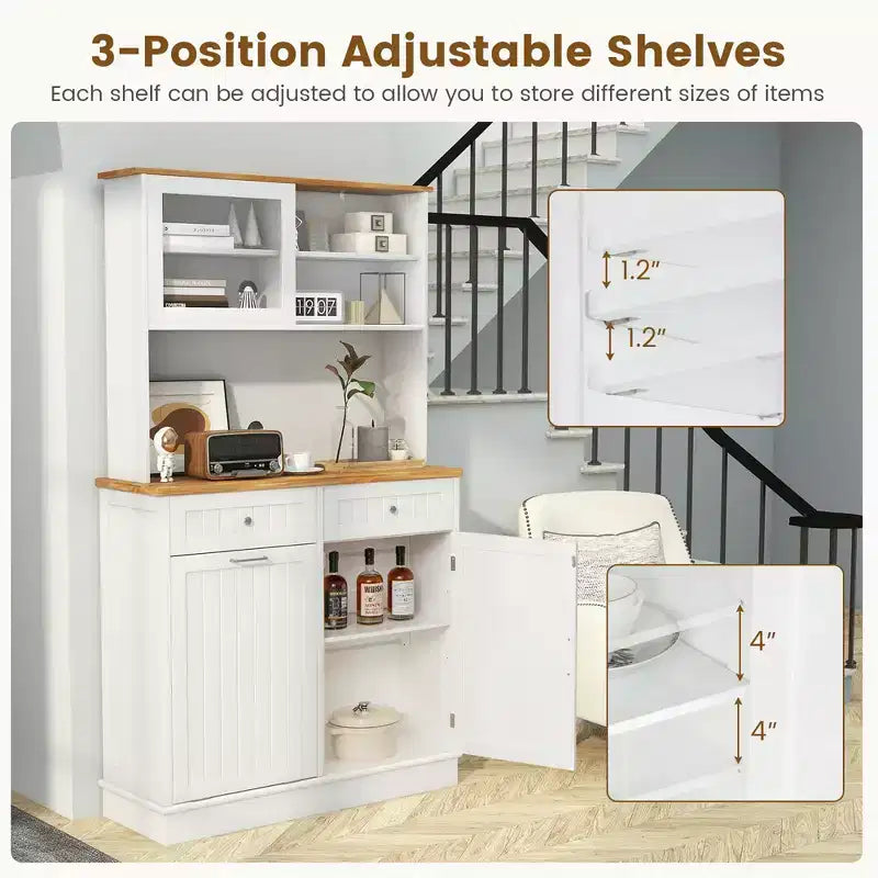Meuble de Cuisine Costway Double Poubelle Inclinable avec Huche, Armoire de Rangement Blanc