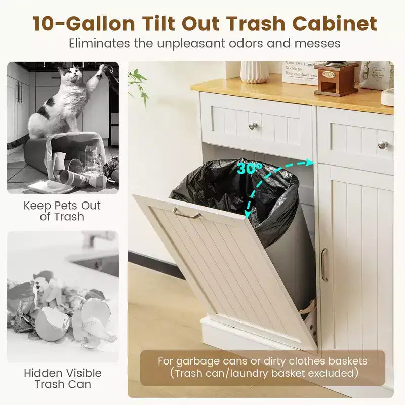 Meuble de Cuisine Costway Double Poubelle Inclinable avec Huche, Armoire de Rangement Blanc