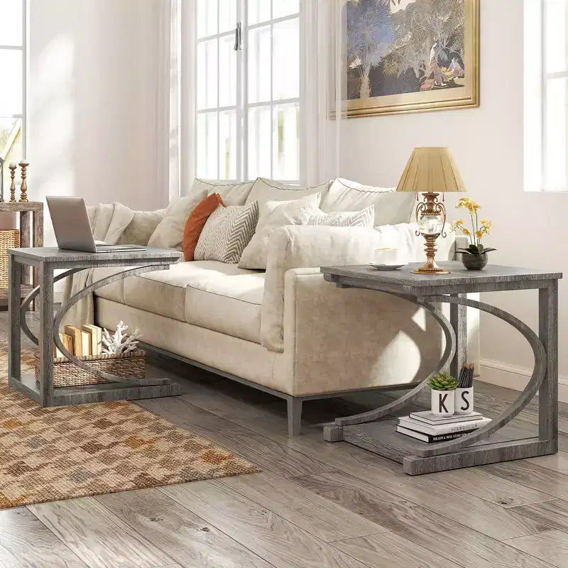 Costway Lot de 2 Tables d'Appoint de 60 cm avec Étagère de Rangement et Cadre en Bois d'Hévéa pour Petits Espaces