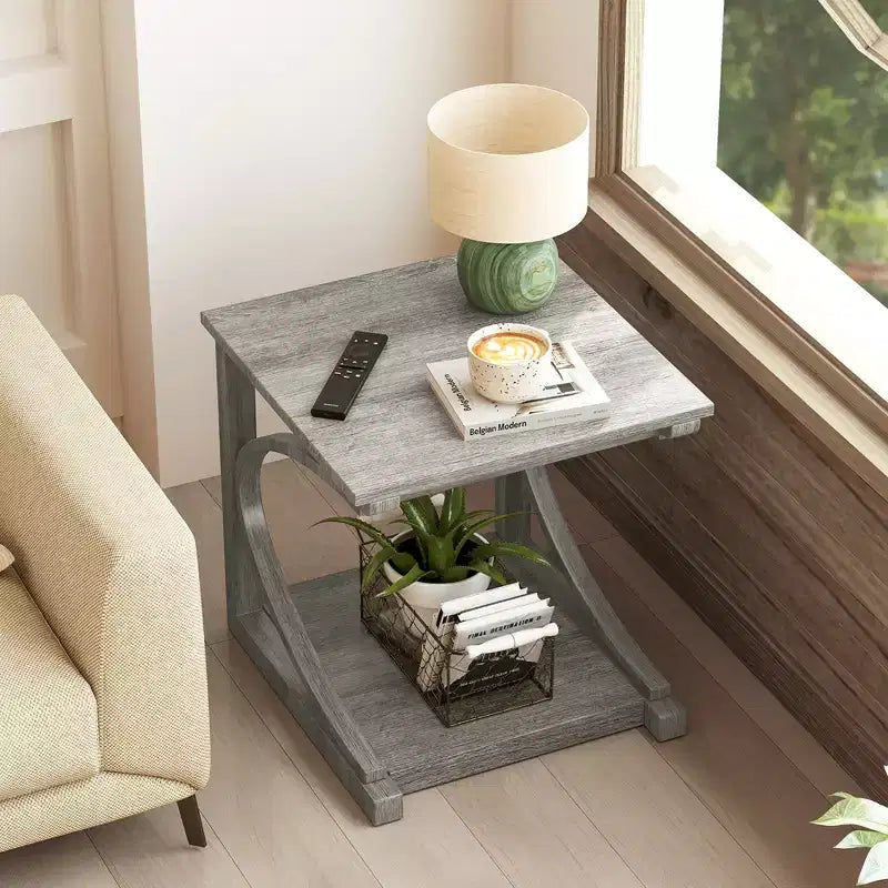 Costway Lot de 2 Tables d'Appoint de 60 cm avec Étagère de Rangement et Cadre en Bois d'Hévéa pour Petits Espaces