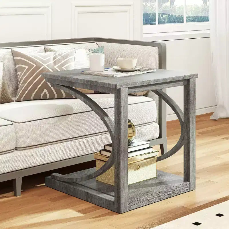 Costway Lot de 2 Tables d'Appoint de 60 cm avec Étagère de Rangement et Cadre en Bois d'Hévéa pour Petits Espaces
