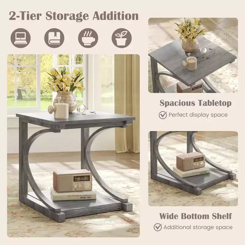 Costway Lot de 2 Tables d'Appoint de 60 cm avec Étagère de Rangement et Cadre en Bois d'Hévéa pour Petits Espaces
