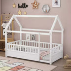 Lit au sol pour tout-petits TUYOHW pleine grandeur avec cadre de toit de maison et clôture, lit Montessori moderne avec barrières de sécurité pour chambre à coucher