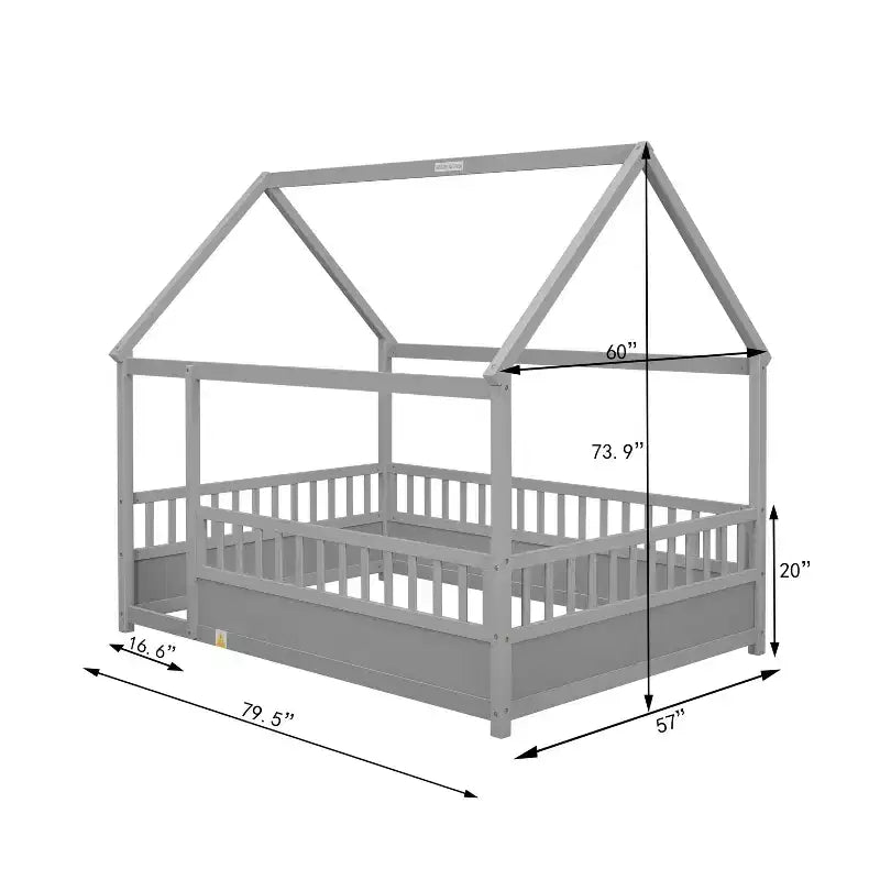 Lit au sol pour tout-petits TUYOHW pleine grandeur avec cadre de toit de maison et clôture, lit Montessori moderne avec barrières de sécurité pour chambre à coucher
