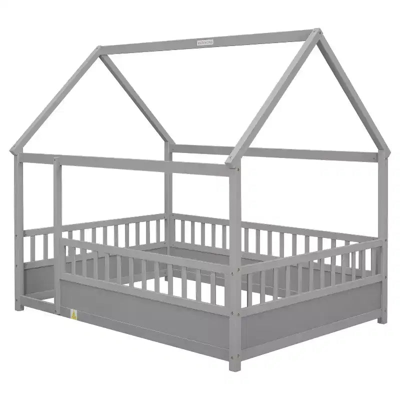 Lit au sol pour tout-petits TUYOHW pleine grandeur avec cadre de toit de maison et clôture, lit Montessori moderne avec barrières de sécurité pour chambre à coucher