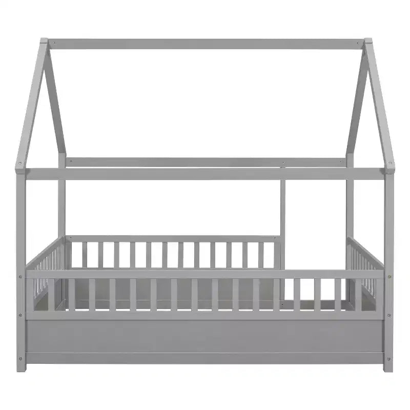 Lit au sol pour tout-petits TUYOHW pleine grandeur avec cadre de toit de maison et clôture, lit Montessori moderne avec barrières de sécurité pour chambre à coucher
