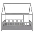 Lit au sol pour tout-petits TUYOHW pleine grandeur avec cadre de toit de maison et clôture, lit Montessori moderne avec barrières de sécurité pour chambre à coucher