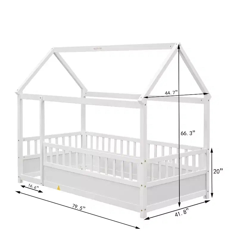 Lit au sol pour tout-petits TUYOHW pleine grandeur avec cadre de toit de maison et clôture, lit Montessori moderne avec barrières de sécurité pour chambre à coucher