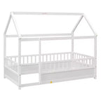 Lit au sol pour tout-petits TUYOHW pleine grandeur avec cadre de toit de maison et clôture, lit Montessori moderne avec barrières de sécurité pour chambre à coucher