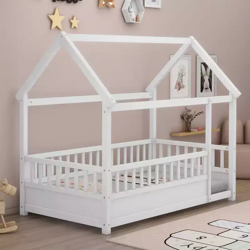 Lit au sol pour tout-petits TUYOHW pleine grandeur avec cadre de toit de maison et clôture, lit Montessori moderne avec barrières de sécurité pour chambre à coucher