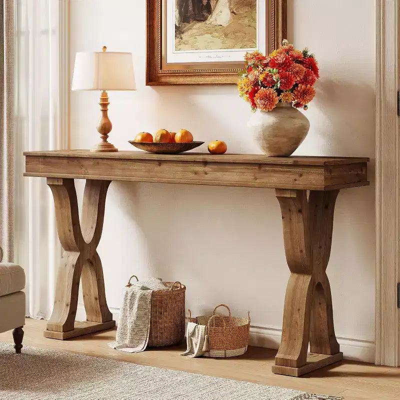 Console en bois massif Lantine de 63 pouces, table d'entrée étroite de style ferme avec pieds en X pour salon, couloir ou foyer, montage facile