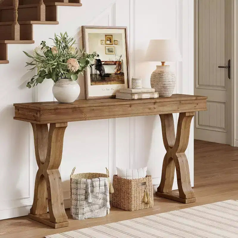 Console en bois massif Lantine de 63 pouces, table d'entrée étroite de style ferme avec pieds en X pour salon, couloir ou foyer, montage facile