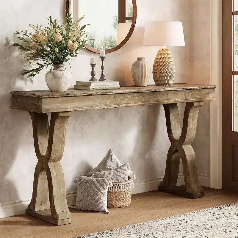Console en bois massif Lantine de 63 pouces, table d'entrée étroite de style ferme avec pieds en X pour salon, couloir ou foyer, montage facile