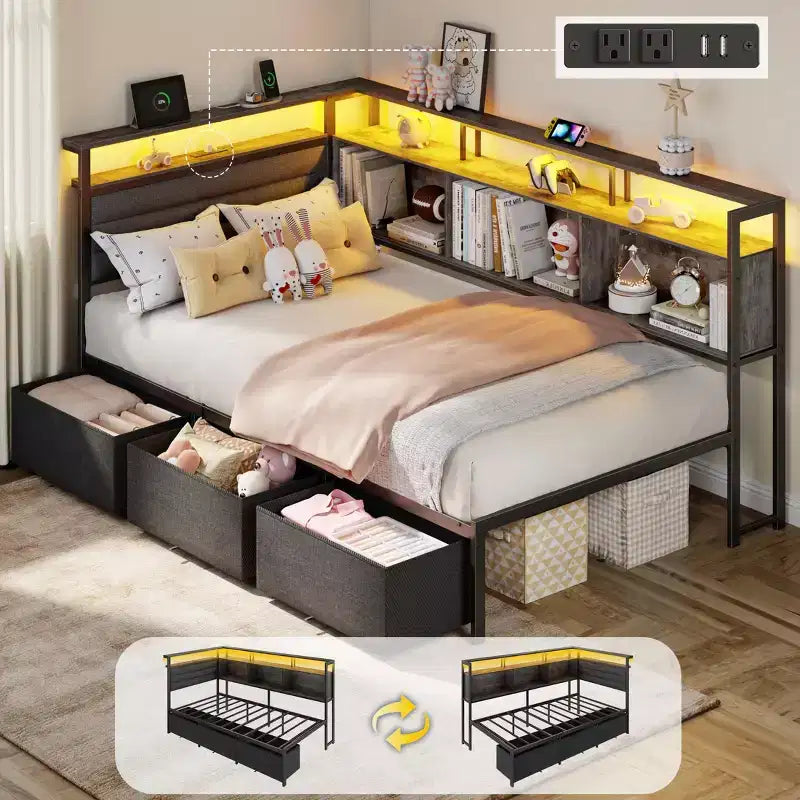 Lit de jour jumeau avec 3 tiroirs de rangement et bibliothèque Gris Cadre de lit d'angle Station de charge Lumières LED Tête de lit rembourrée Support de plateforme