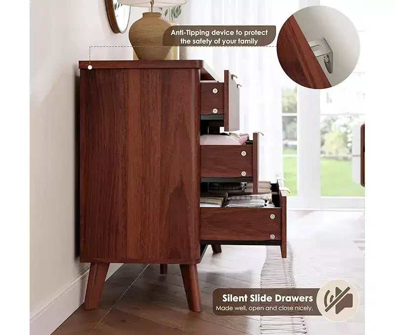 Commode à 6 tiroirs pour chambre à coucher, commodes larges avec profil incurvé, tiroirs en bois cannelé avec poignée dorée, commode au design épaissi
