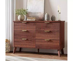 Commode à 6 tiroirs pour chambre à coucher, commodes larges avec profil incurvé, tiroirs en bois cannelé avec poignée dorée, commode au design épaissi