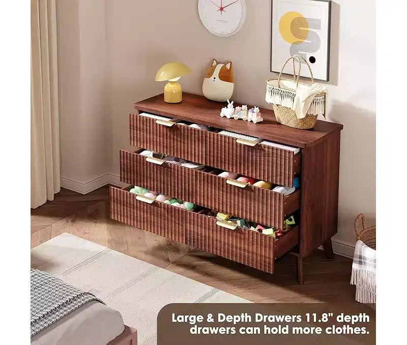 Commode à 6 tiroirs pour chambre à coucher, commodes larges avec profil incurvé, tiroirs en bois cannelé avec poignée dorée, commode au design épaissi