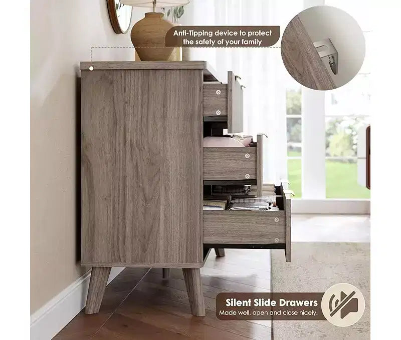 Commode à 6 tiroirs pour chambre à coucher, commodes larges avec profil incurvé, tiroirs en bois cannelé avec poignée dorée, commode au design épaissi