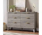 Commode à 6 tiroirs pour chambre à coucher, commodes larges avec profil incurvé, tiroirs en bois cannelé avec poignée dorée, commode au design épaissi