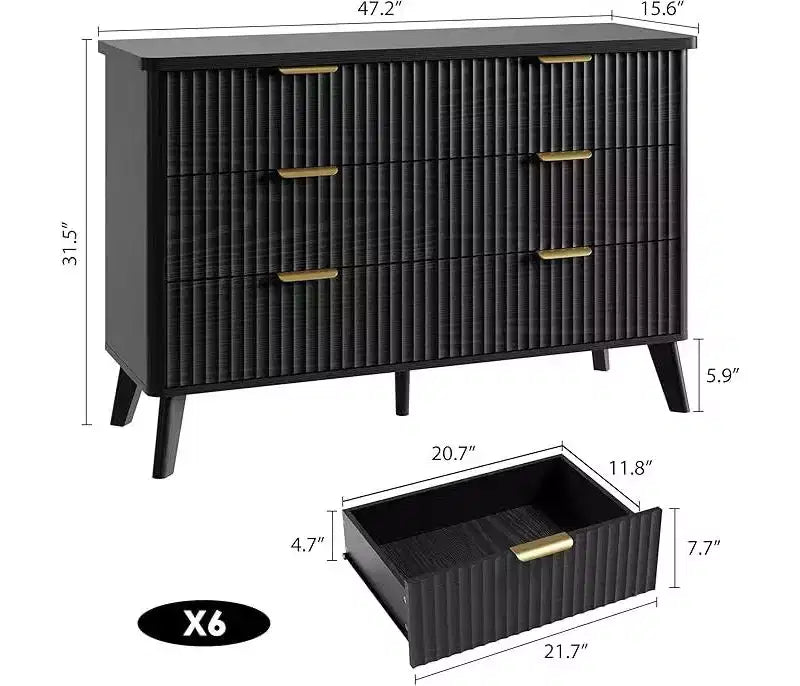 Commode à 6 tiroirs pour chambre à coucher, commodes larges avec profil incurvé, tiroirs en bois cannelé avec poignée dorée, commode au design épaissi