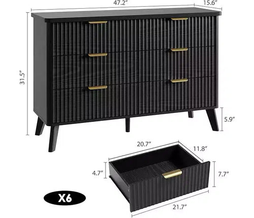 Commode à 6 tiroirs pour chambre à coucher, commodes larges avec profil incurvé, tiroirs en bois cannelé avec poignée dorée, commode au design épaissi
