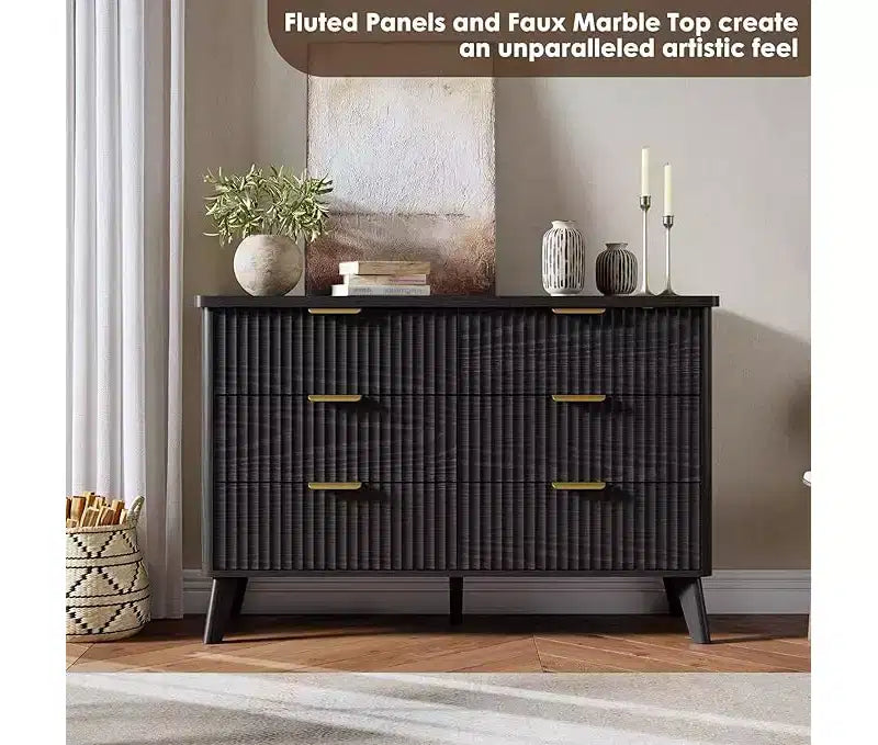 Commode à 6 tiroirs pour chambre à coucher, commodes larges avec profil incurvé, tiroirs en bois cannelé avec poignée dorée, commode au design épaissi