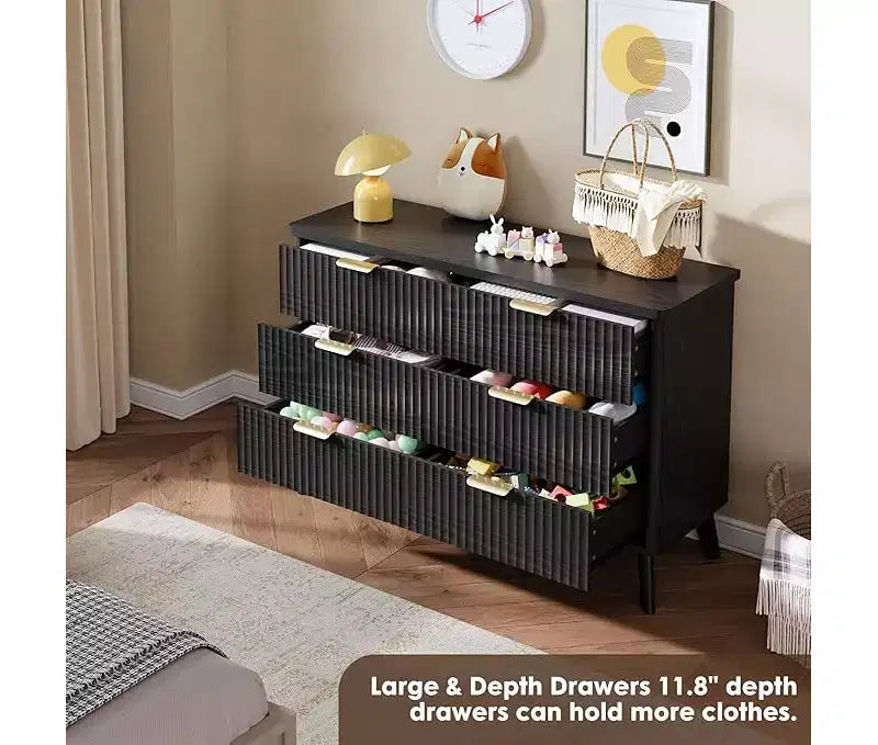 Commode à 6 tiroirs pour chambre à coucher, commodes larges avec profil incurvé, tiroirs en bois cannelé avec poignée dorée, commode au design épaissi