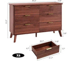 Commode à 6 tiroirs pour chambre à coucher, commodes larges avec profil incurvé, tiroirs en bois cannelé avec poignée dorée, commode au design épaissi