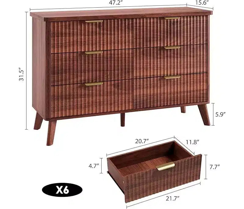 Commode à 6 tiroirs pour chambre à coucher, commodes larges avec profil incurvé, tiroirs en bois cannelé avec poignée dorée, commode au design épaissi