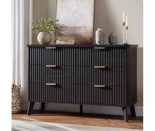 6 Drawers Dresser for Bedroom, Wide Dressers with Curved Profile Design, Fluted Wood Drawers with Gold Handle, Chest of Dressers Thickened Design