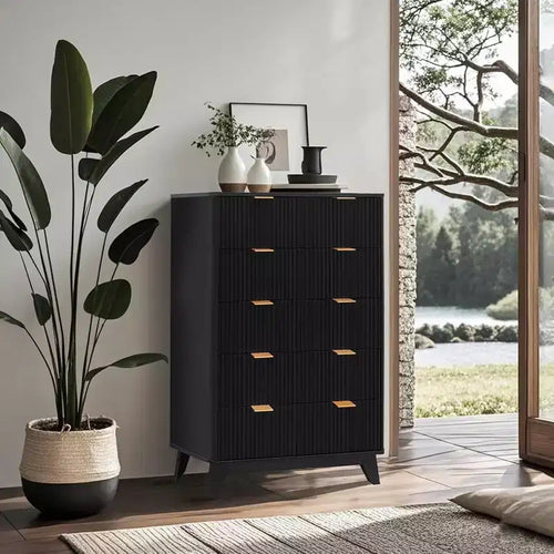 48 Tall Mid Century 5-Drawer Dresser with Textured Panels, Multi-Room Storage for Bedroom Living Room, Wood Tone Finish Easy Assembly